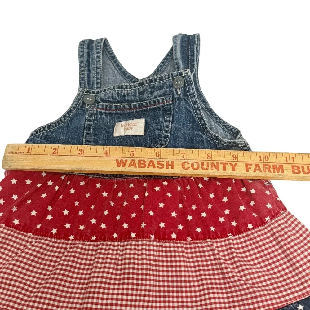 OshKosh Baby Girls Patriotic Denim Tiered Star Gingham Jumper Dress 3-6M Y2K